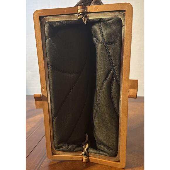 Vintage 1970’s Black Leather Patchwork Clutch Purse Hong Kong Bakelite Handle - Picture 5 of 9